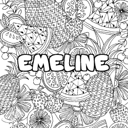 Coloring page first name EMELINE - Fruits mandala background