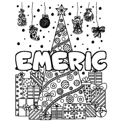 Coloring page first name EMERIC - Christmas tree and presents background