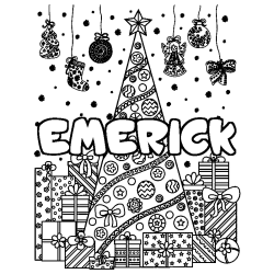 Coloring page first name EMERICK - Christmas tree and presents background