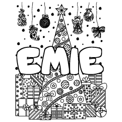 Coloring page first name EMIE - Christmas tree and presents background