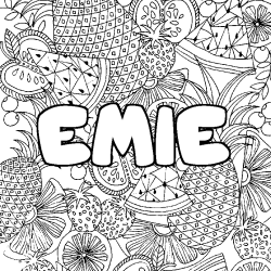 Coloring page first name EMIE - Fruits mandala background