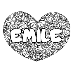 Coloring page first name EMILE - Heart mandala background