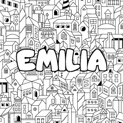 Coloring page first name EMILIA - City background