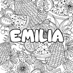 Coloring page first name EMILIA - Fruits mandala background
