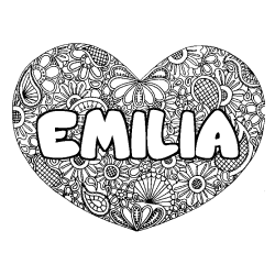 Coloring page first name EMILIA - Heart mandala background
