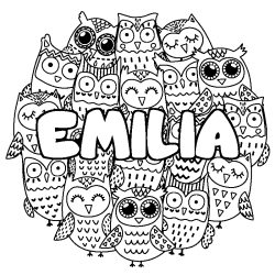 Coloring page first name EMILIA - Owls background