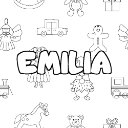 Coloring page first name EMILIA - Toys background