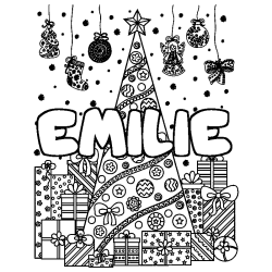 Coloring page first name EMILIE - Christmas tree and presents background