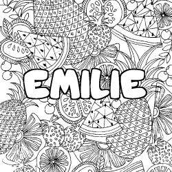 Coloring page first name EMILIE - Fruits mandala background