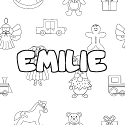 Coloring page first name EMILIE - Toys background