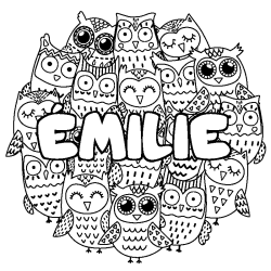 Coloring page first name ÉMILIE - Owls background