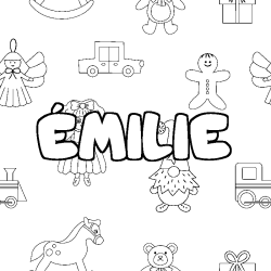 Coloring page first name ÉMILIE - Toys background