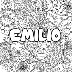 Coloring page first name EMILIO - Fruits mandala background