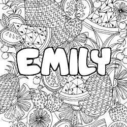 Coloring page first name EMILY - Fruits mandala background
