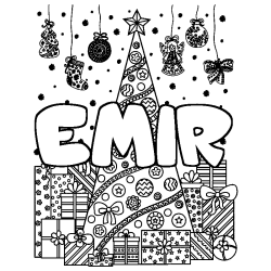 Coloring page first name EMIR - Christmas tree and presents background