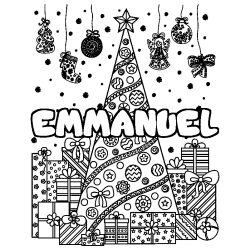 Coloring page first name EMMANUEL - Christmas tree and presents background
