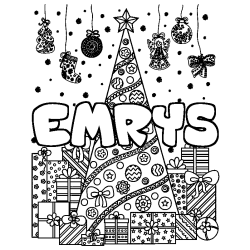 Coloring page first name EMRYS - Christmas tree and presents background