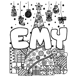 Coloring page first name EMY - Christmas tree and presents background