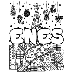 Coloring page first name ENES - Christmas tree and presents background
