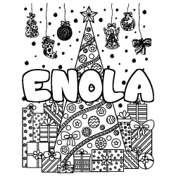Coloring page first name ENOLA - Christmas tree and presents background