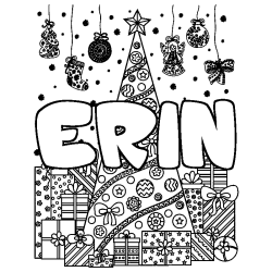 Coloring page first name ERIN - Christmas tree and presents background