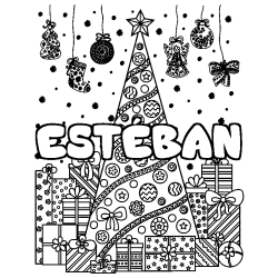 Coloring page first name ESTÉBAN - Christmas tree and presents background
