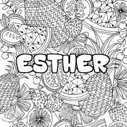 Coloring page first name ESTHER - Fruits mandala background