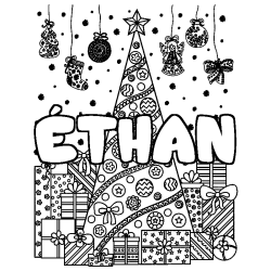Coloring page first name ÉTHAN - Christmas tree and presents background