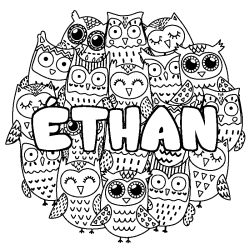 Coloring page first name ÉTHAN - Owls background