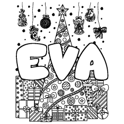 Coloring page first name EVA - Christmas tree and presents background