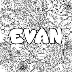 Coloring page first name EVAN - Fruits mandala background