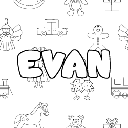 Coloring page first name EVAN - Toys background