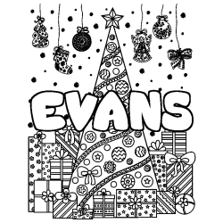 Coloring page first name EVANS - Christmas tree and presents background