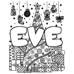 Coloring page first name EVE - Christmas tree and presents background