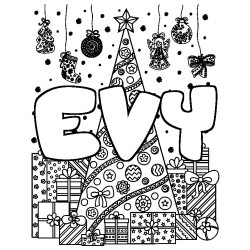 Coloring page first name EVY - Christmas tree and presents background