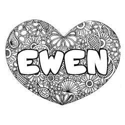 Coloring page first name EWEN - Heart mandala background