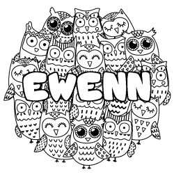 Coloring page first name EWENN - Owls background