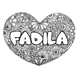 Coloring page first name FADILA - Heart mandala background