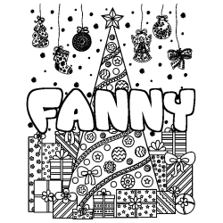 Coloring page first name FANNY - Christmas tree and presents background