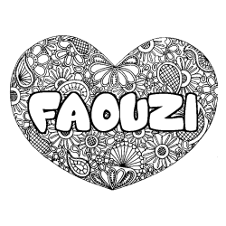 Coloring page first name FAOUZI - Heart mandala background