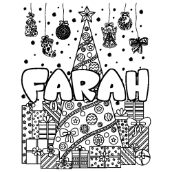Coloring page first name FARAH - Christmas tree and presents background