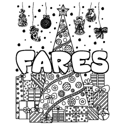 Coloring page first name FARES - Christmas tree and presents background