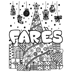 Coloring page first name FARÈS - Christmas tree and presents background