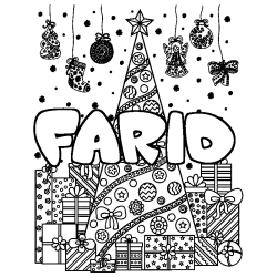 Coloring page first name FARID - Christmas tree and presents background