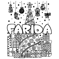 Coloring page first name FARIDA - Christmas tree and presents background