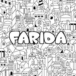 Coloring page first name FARIDA - City background