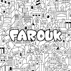Coloring page first name FAROUK - City background