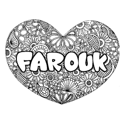 Coloring page first name FAROUK - Heart mandala background