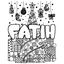 Coloring page first name FATIH - Christmas tree and presents background