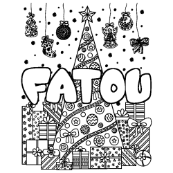 Coloring page first name FATOU - Christmas tree and presents background